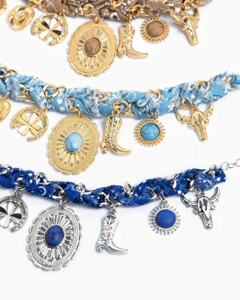 Paisley Scarf Western Concho Multi Charm Bracelet in Light Blue