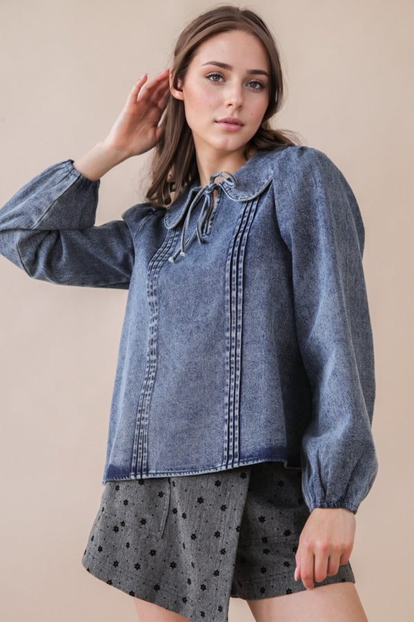 Mineral Washed Chambray Denim Blouse Top