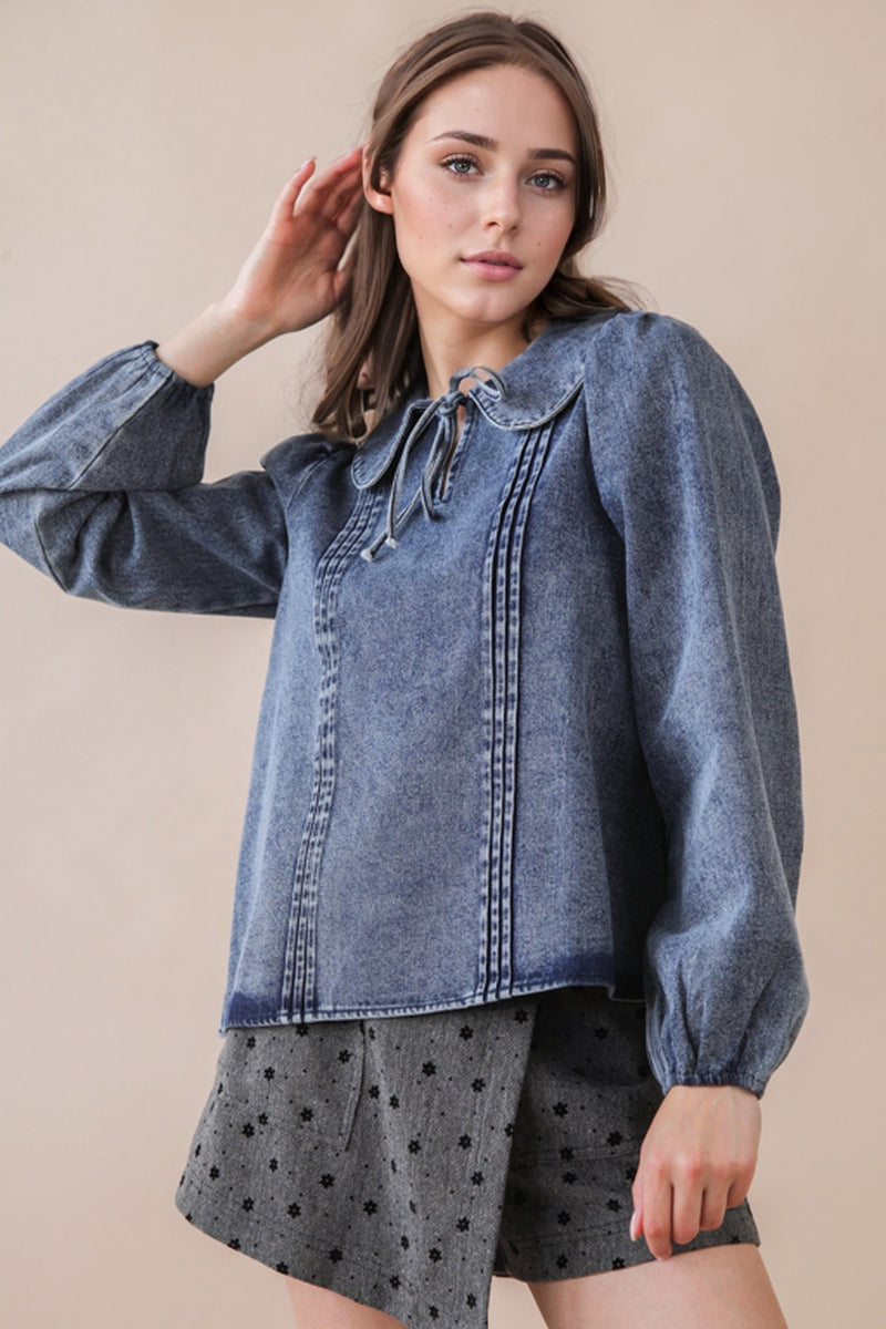Mineral Washed Chambray Denim Blouse Top