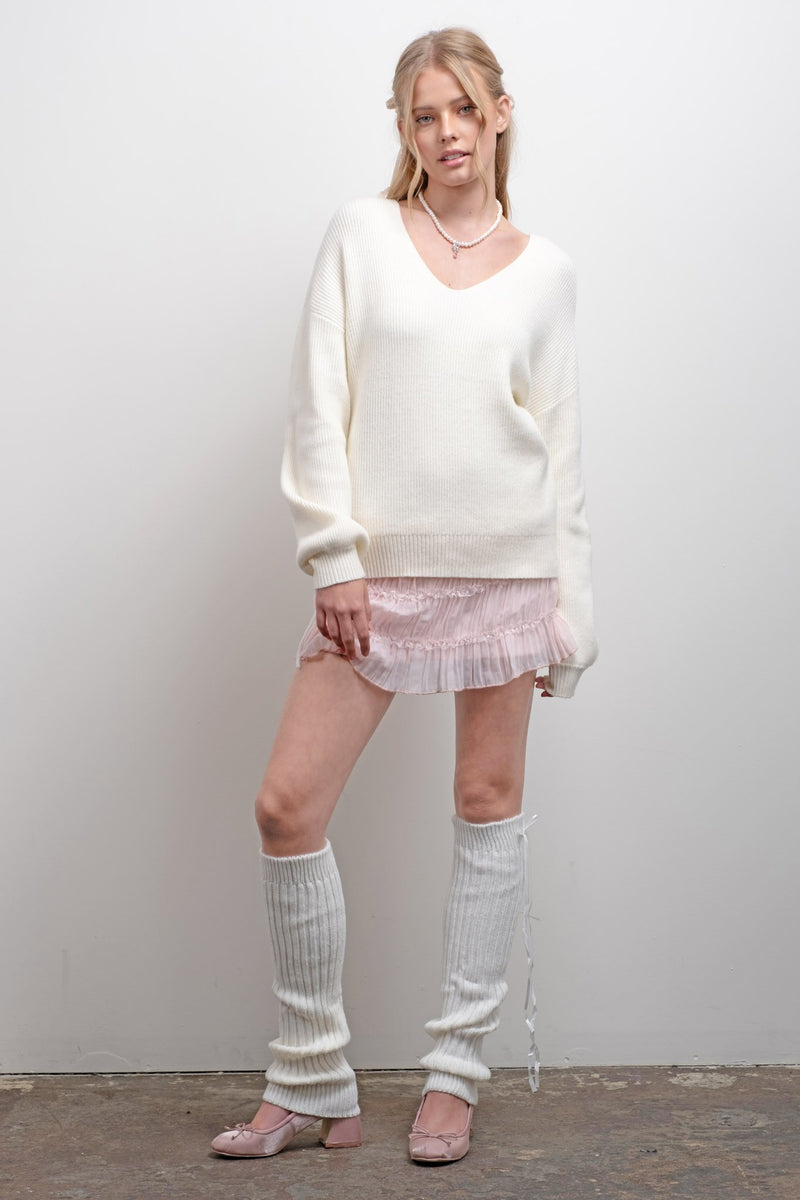 V Neck Drop Shoulder Back Bow Tie Detail Sweater in Cream