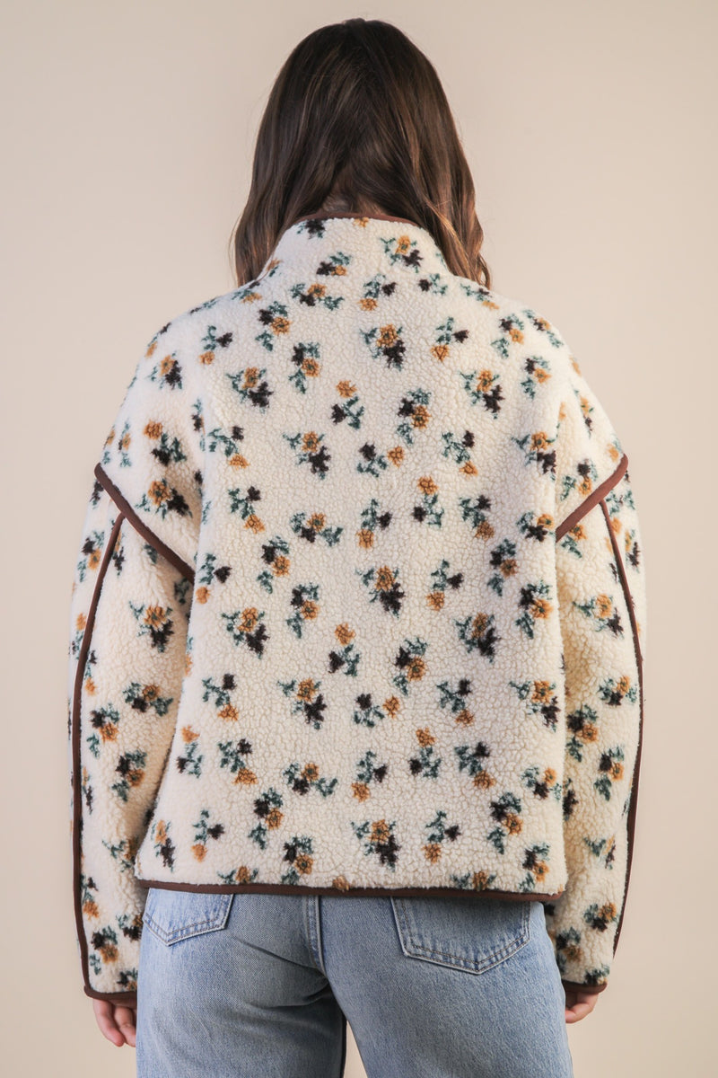 Oversized Floral Printed Fleece Sherpa Jacket
