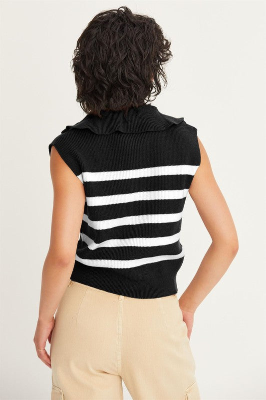 Striped Half Zip Sleeveless Sweater in Black/Cream