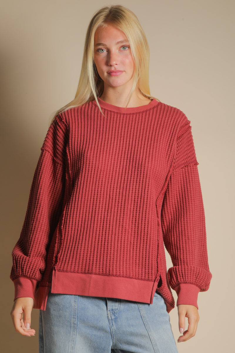 Oversized Waffle Knit Casual Top in Burgundy