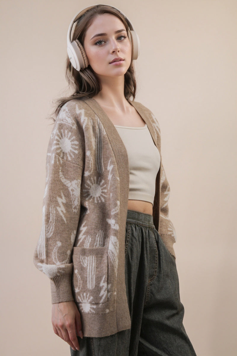 Oversized Western Graphic Knit Sweater Cardigan in Mocha