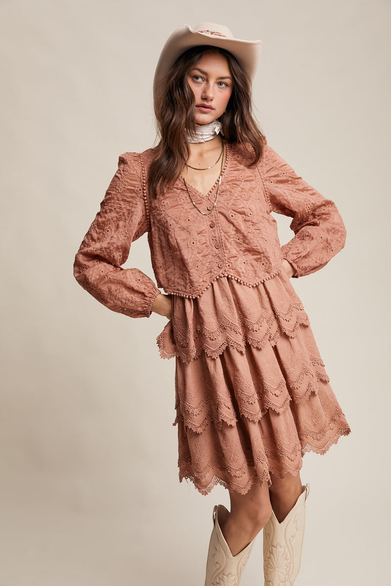 Tiered Scallop Embroidered Mini Dress in Terracotta