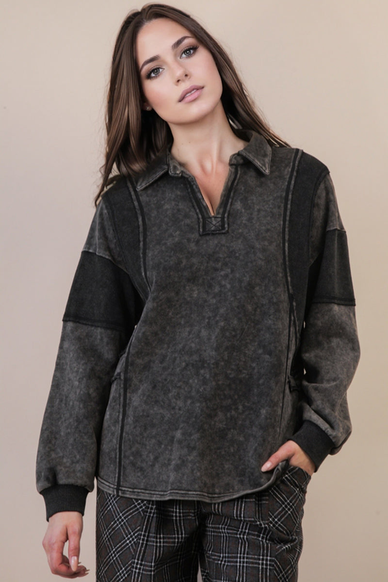 Mineral Washed Oversized French Terry Knit Top in Black