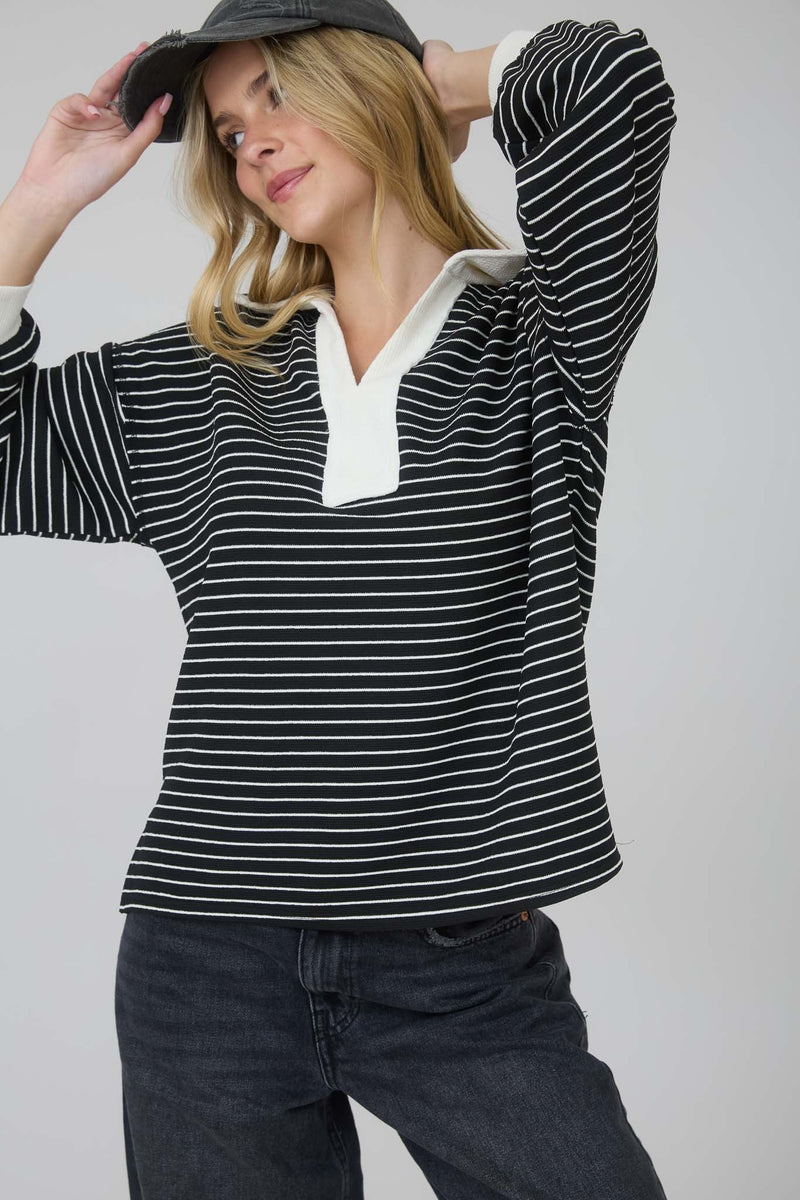 Contrast Collar Stripe Long Sleeve Knit Top in Black