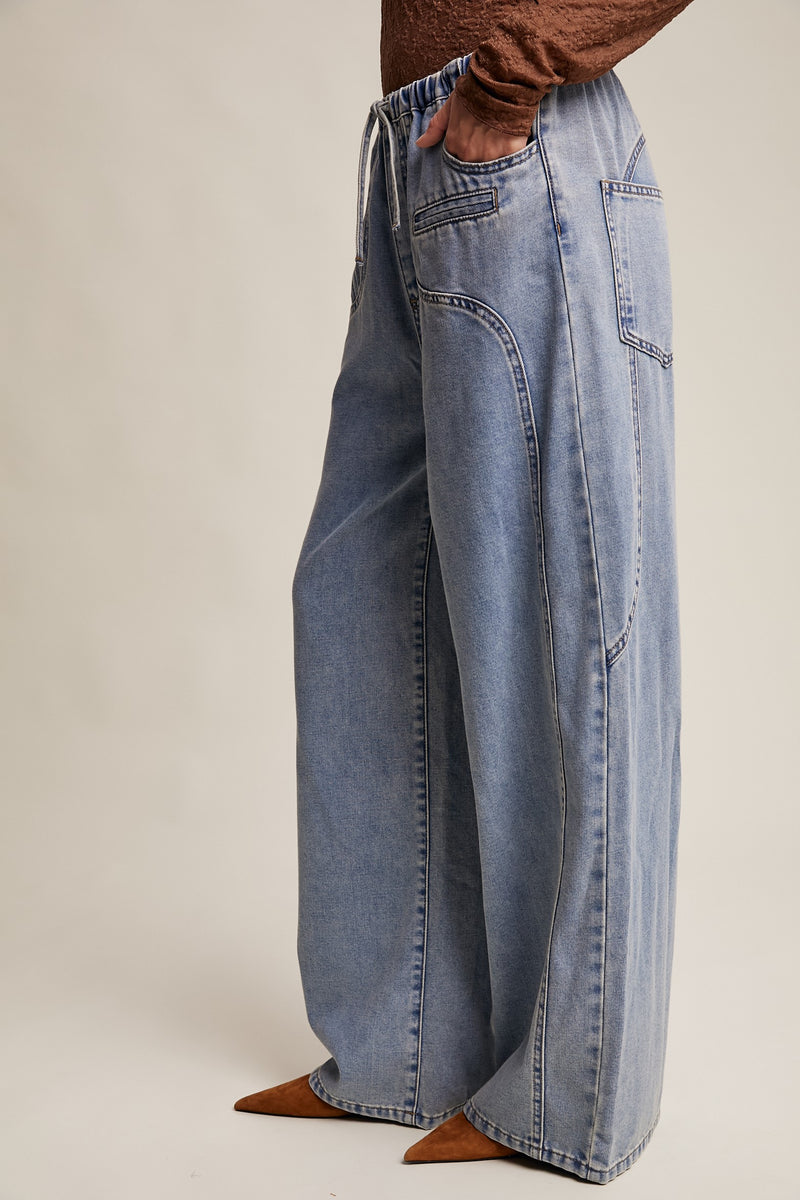 Wide Leg Denim Drawstring Pants
