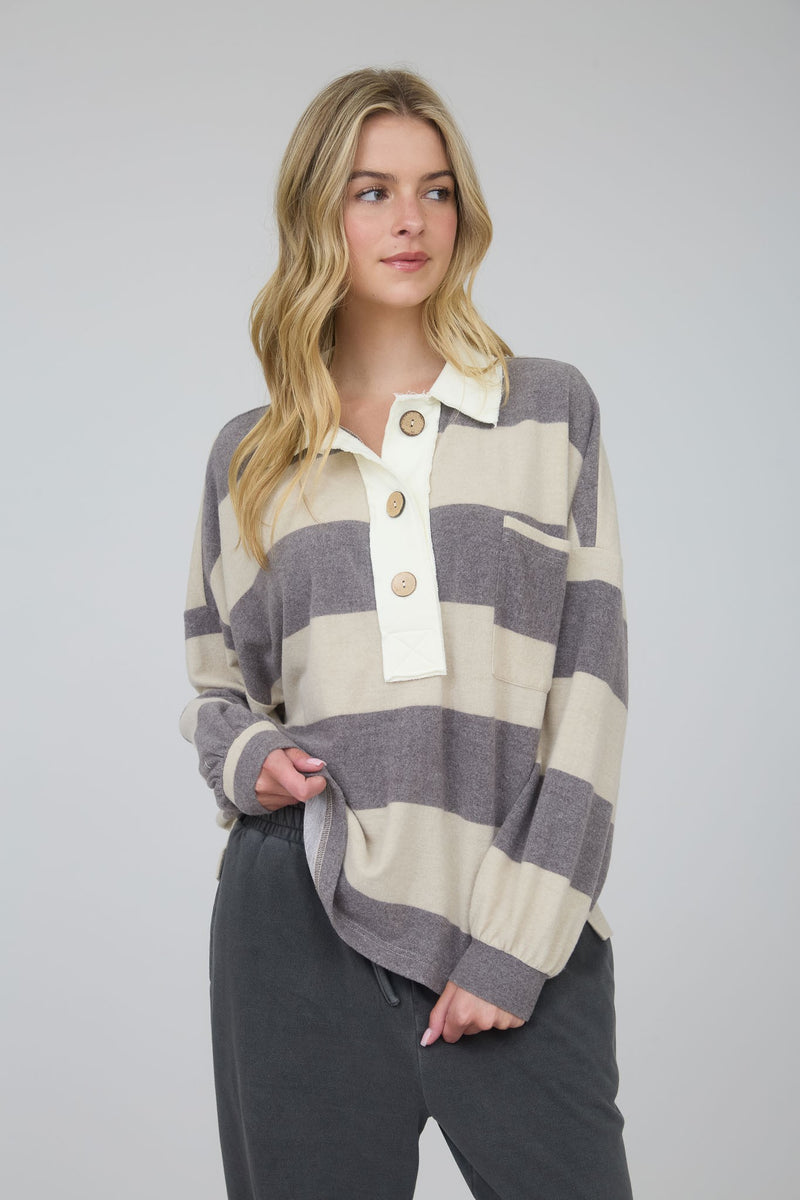 Washed Stripe Contrast Collar Long Sleeve Knit Top in Taupe