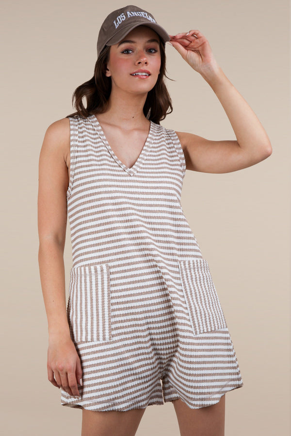 Striped Knit Casual Comfy Romper in Taupe