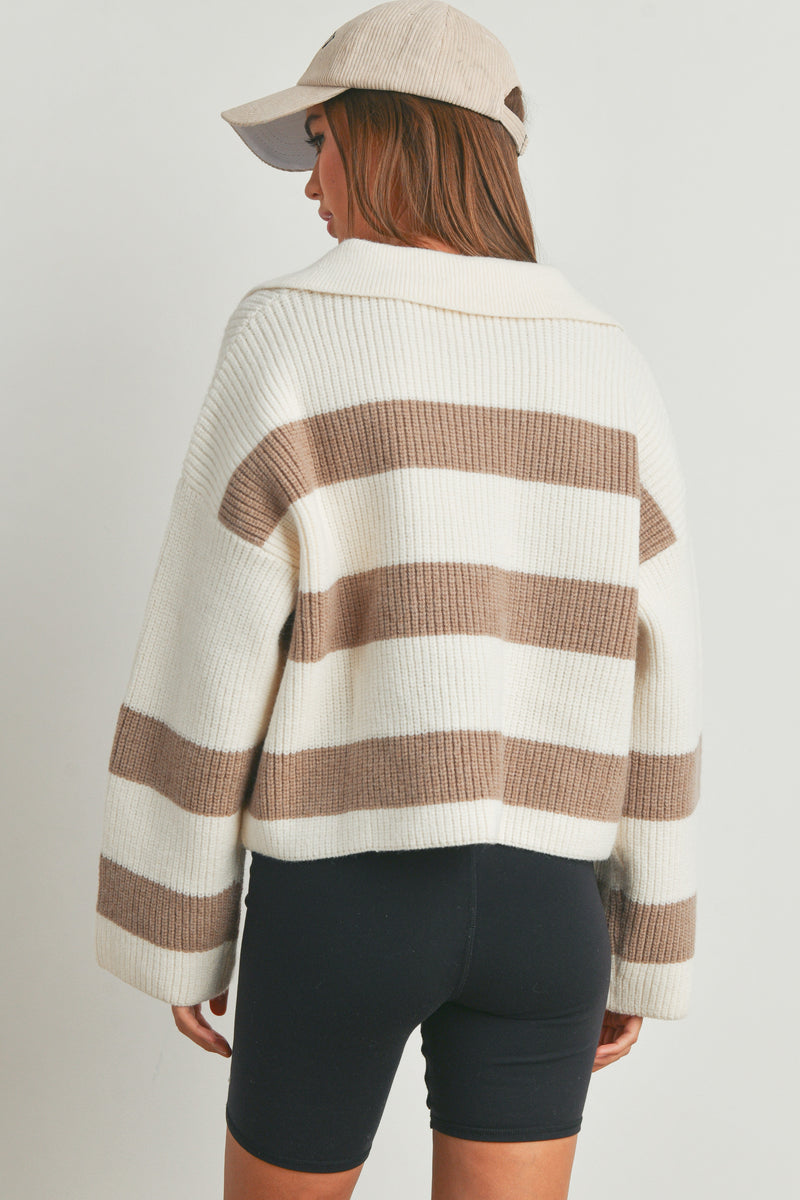 STRIPE DROP SHOULDER WITH WIDE COLLAR SWEATER in Ivory/Taupe