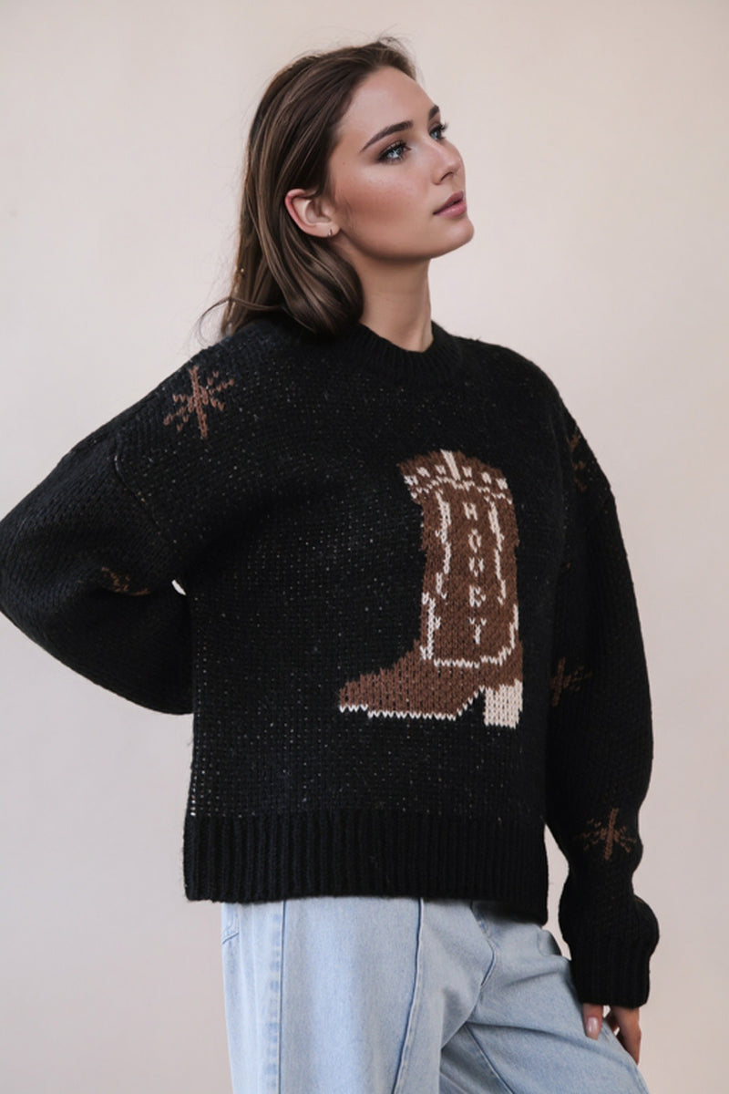 Cowboy Boots Graphic Print Knit Sweater (Black)