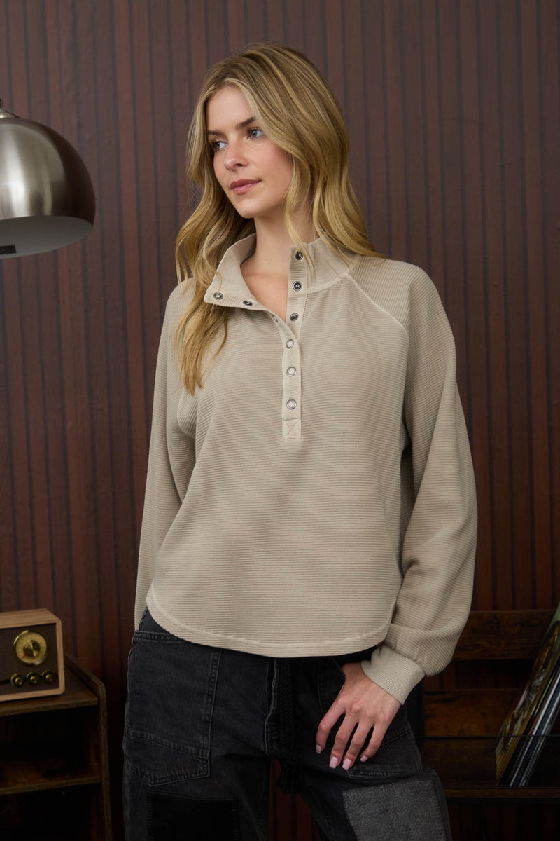 Mock Neck Half Snap Button Long Sleeve Knit Op in Mocha