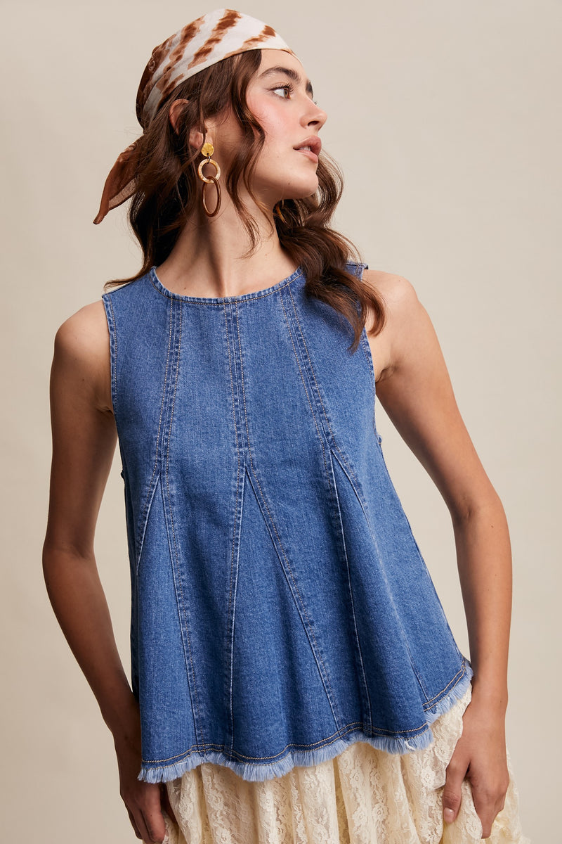 RESTOCK - Denim Flare Peplum Top in Medium Wash