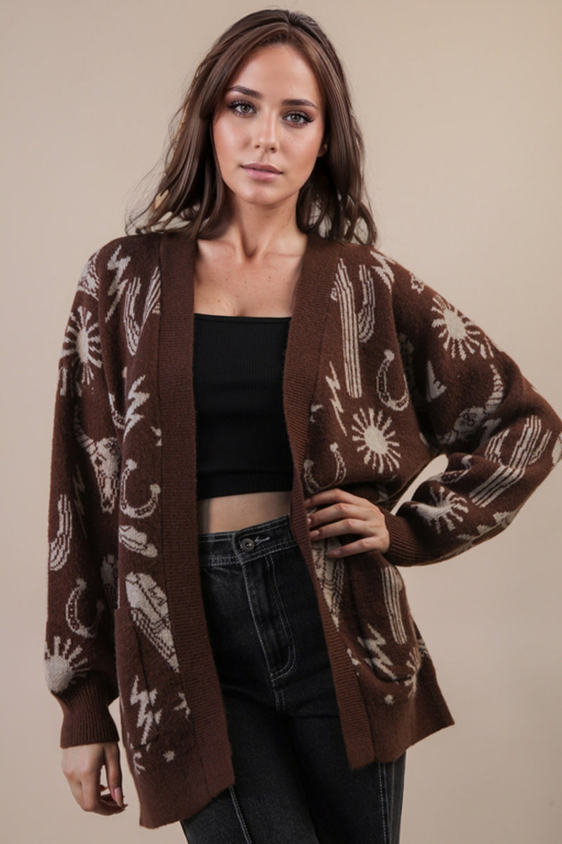 Oversized Western Graphic Knit Sweater Cardigan in Chocolate