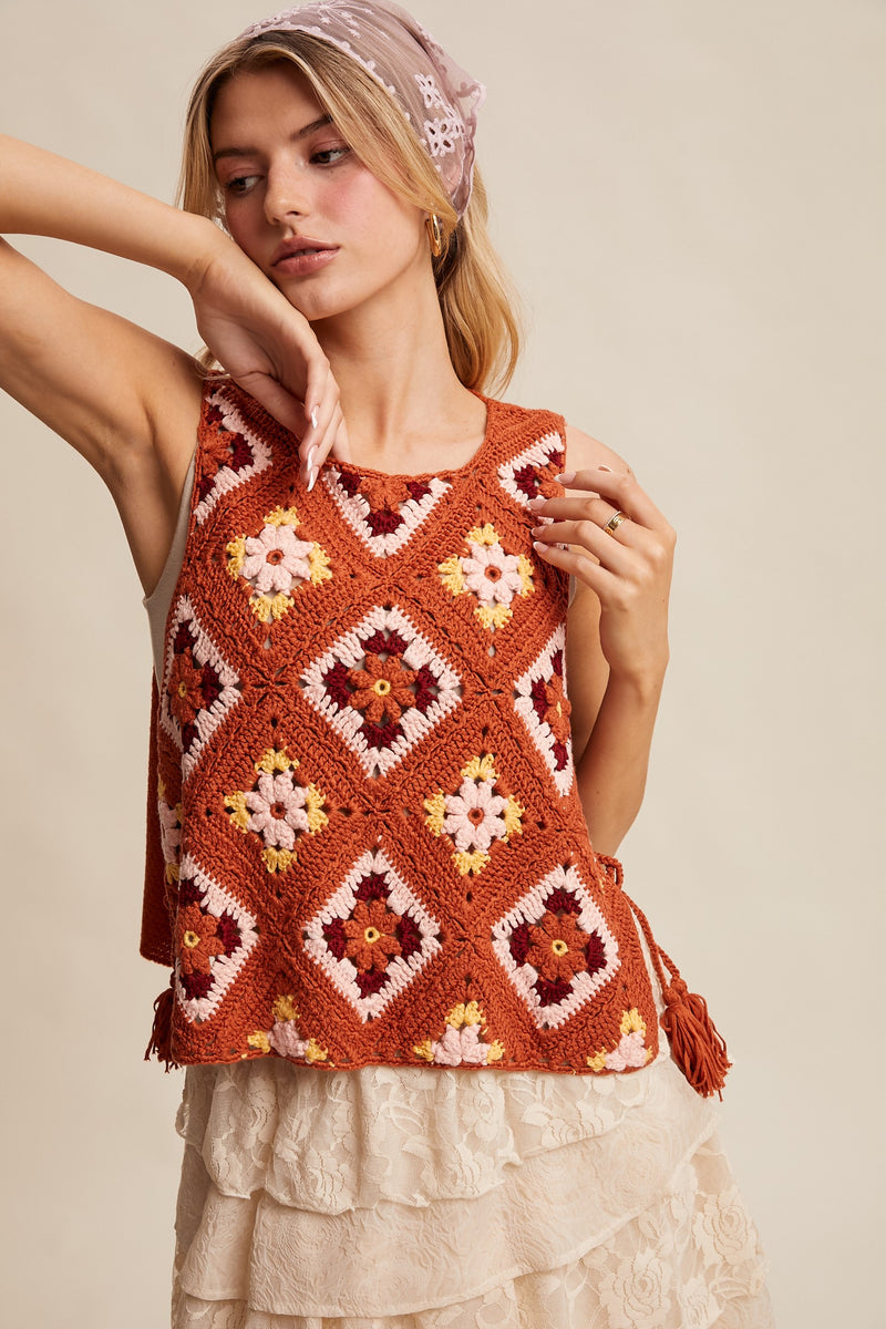 Crochet Granny Square Tassel Tie Vest in Rust