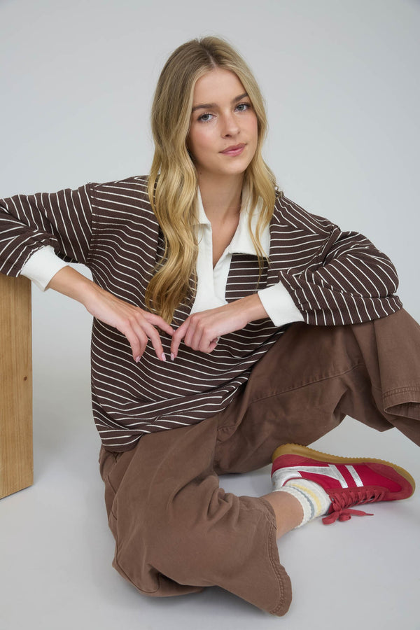 Contrast Collar Stripe Long Sleeve Knit Top in Brown