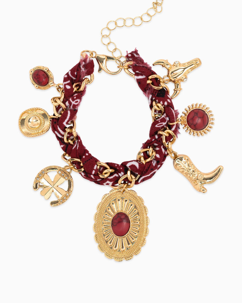 Paisley Scarf Western Concho Multi Charm Bracelet in Burgundy