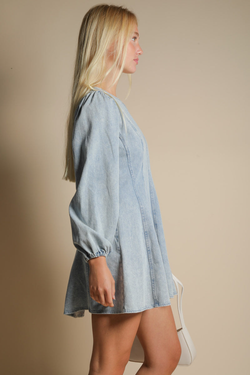 Mineral Washed Denim Seam Detail Mini Dress in Denim