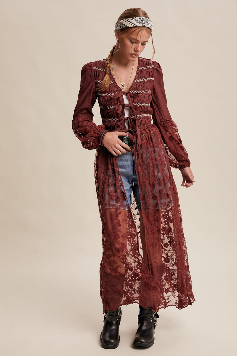Lace-up Embroidered Maxi Kimono