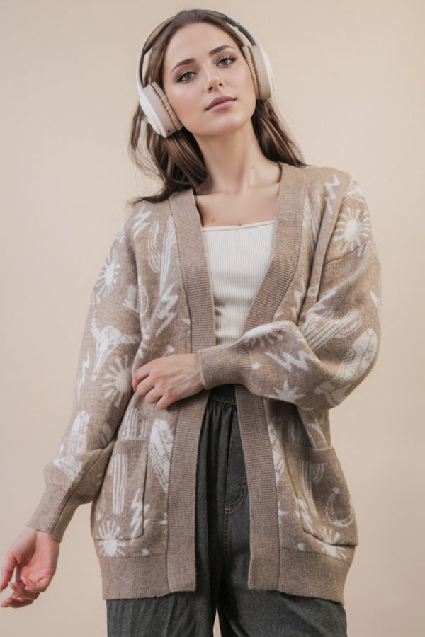 Oversized Western Graphic Knit Sweater Cardigan in Mocha