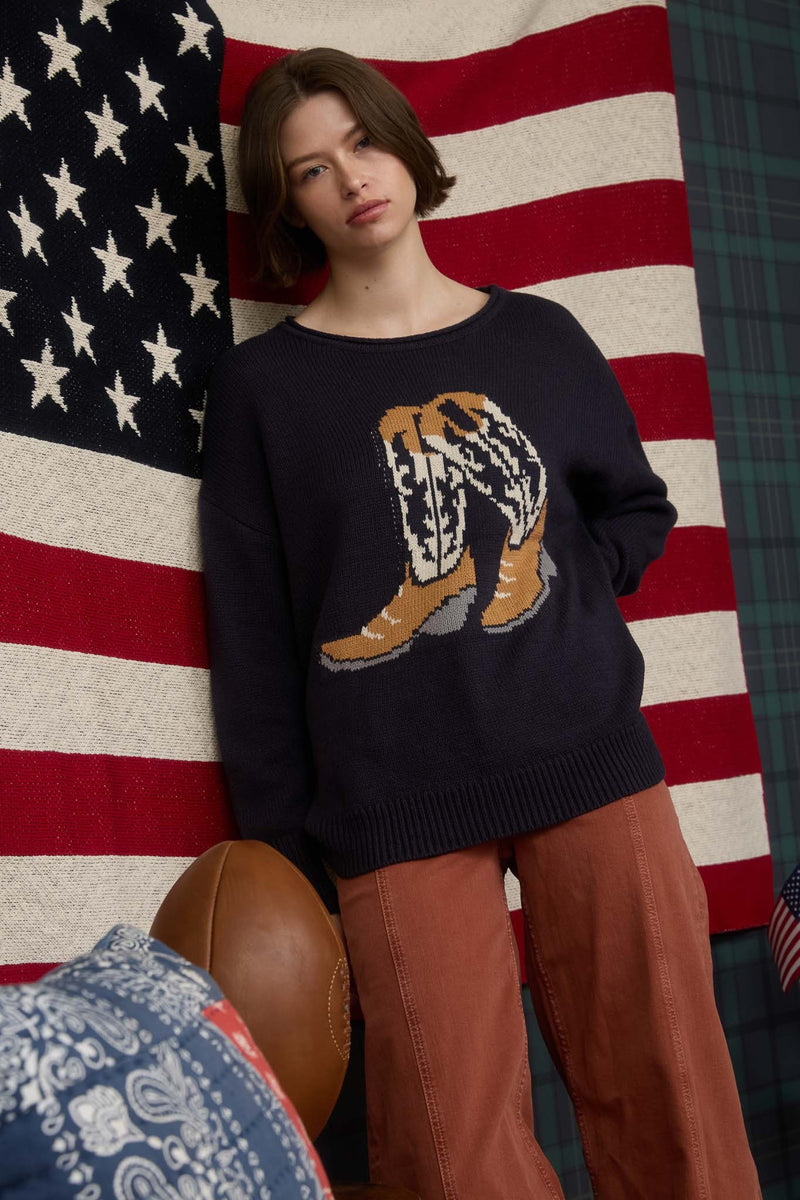 Western Boot Jacquard Long Sleeve Knit Sweater in Navy
