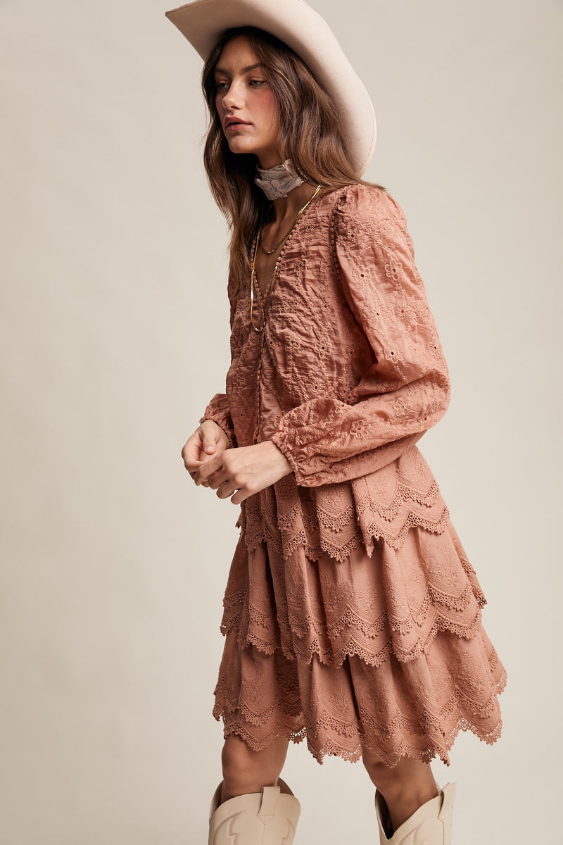 Tiered Scallop Embroidered Mini Dress in Terracotta