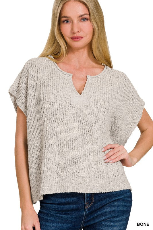 BACK PATCH ROLLED SPLIT-NECK SIDE SLIT PULLOVER in Grey (S-XL)