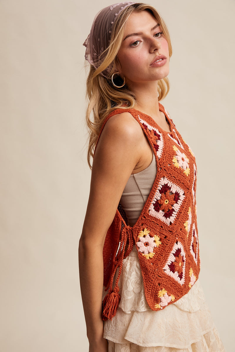 Crochet Granny Square Tassel Tie Vest in Rust