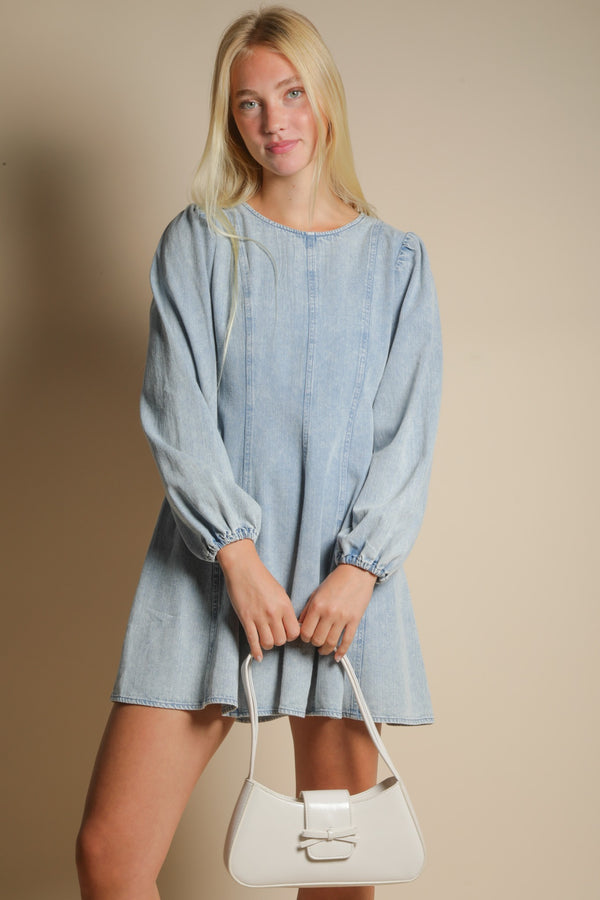 Mineral Washed Denim Seam Detail Mini Dress in Denim