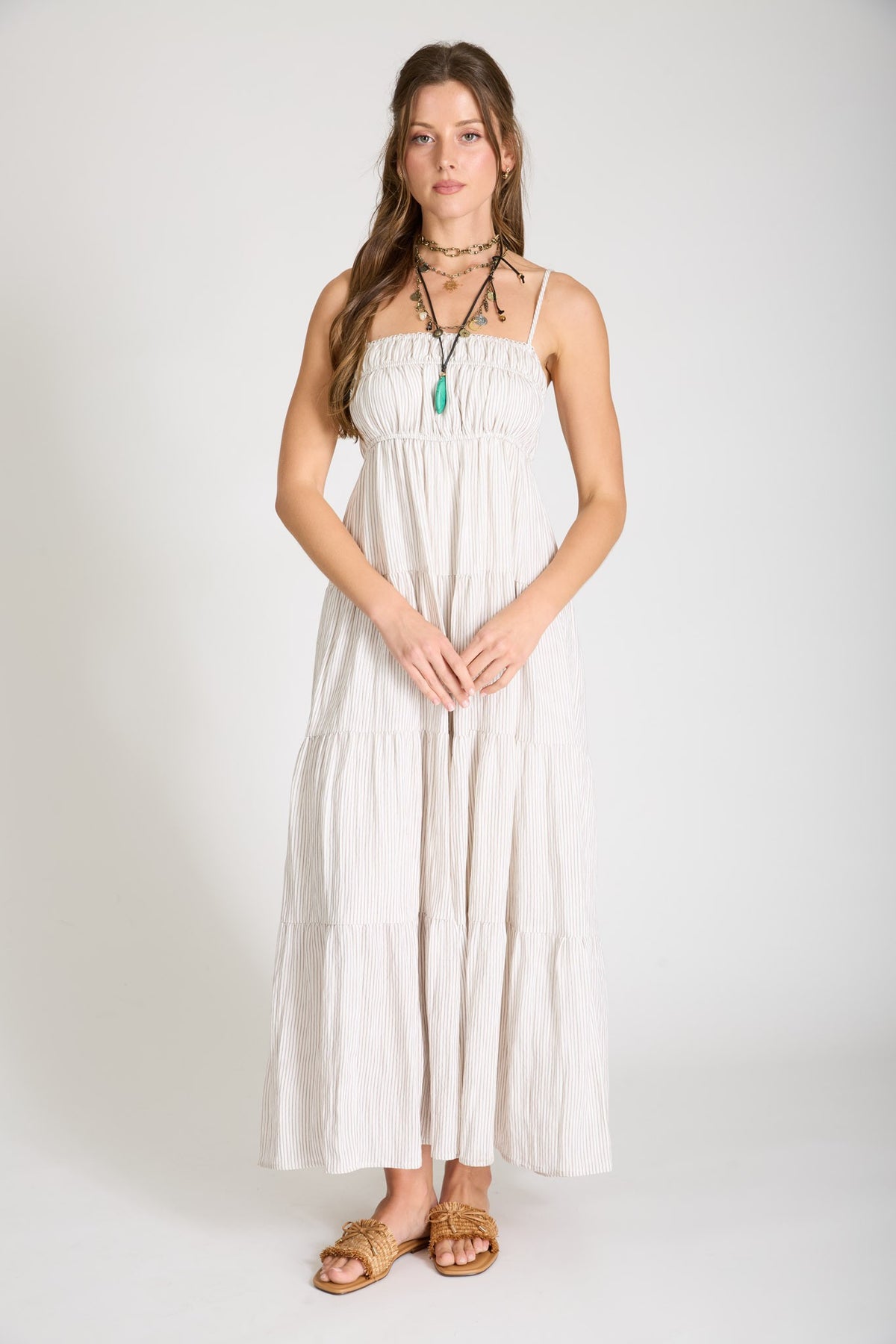 Stripe Shirred Empire Waist Tiered Midi Dress in Mocha  DawnTayler Boutique