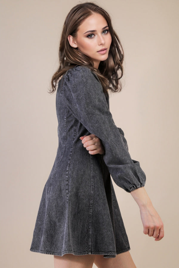 Mineral Washed Denim Seam Detail Mini Dress in Grey