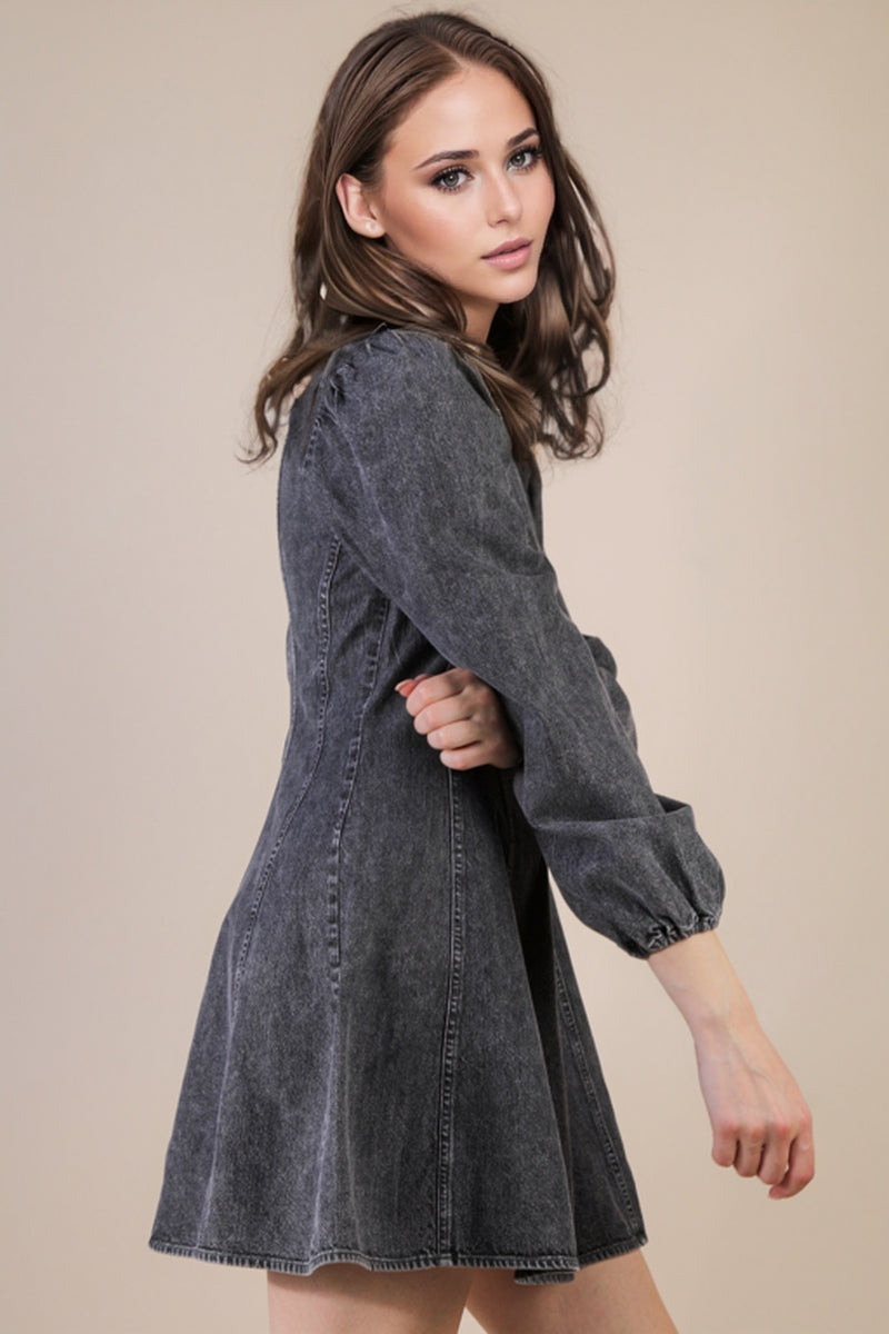 Mineral Washed Denim Seam Detail Mini Dress in Grey