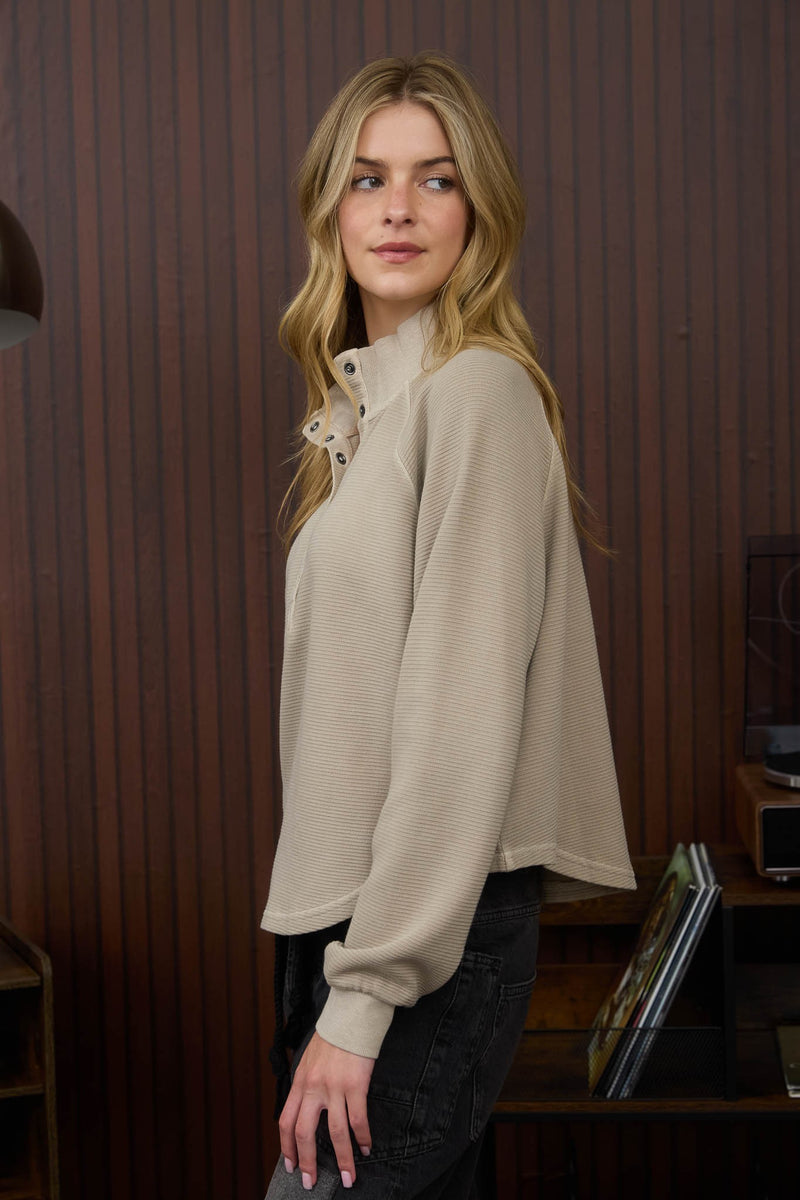 Mock Neck Half Snap Button Long Sleeve Knit Op in Mocha