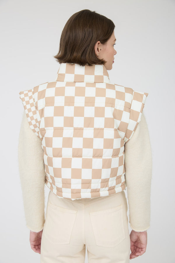 Checkered Cropped Zip-up Puffer Vest in Beige