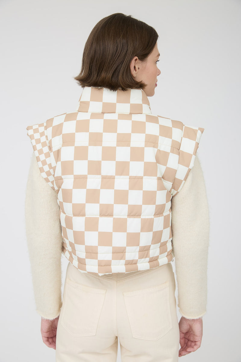 Checkered Cropped Zip-up Puffer Vest in Beige