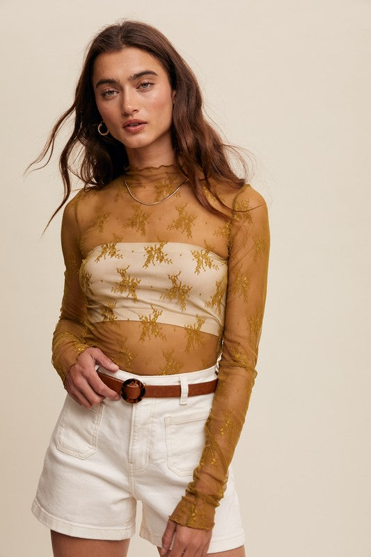 Lace Mock Neck Long Sleeve Layering Top in Lemon Grass (XS-XL)