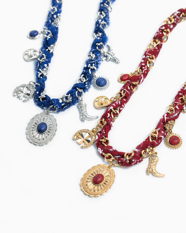 Paisley Scarf Western Concho Multi Charm Necklace in Blue