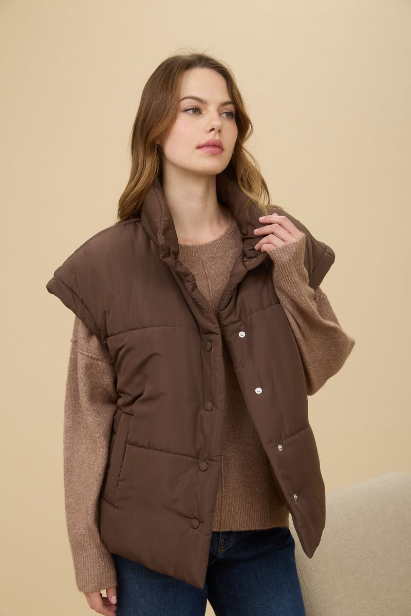Oversized Snap Button Puffer Vest in Dark Brown