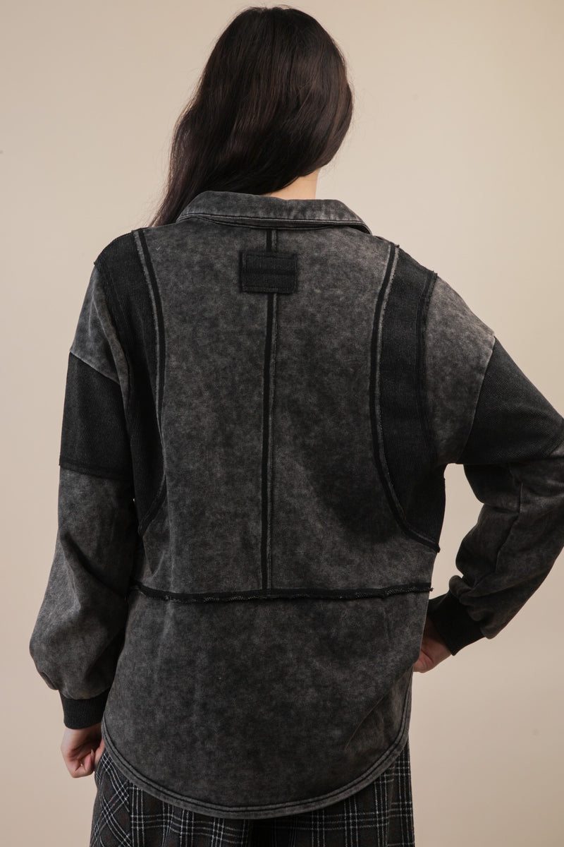 Mineral Washed Oversized French Terry Knit Top in Black