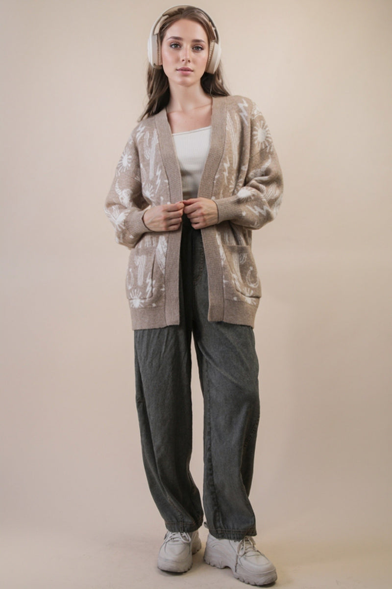 Oversized Western Graphic Knit Sweater Cardigan in Mocha