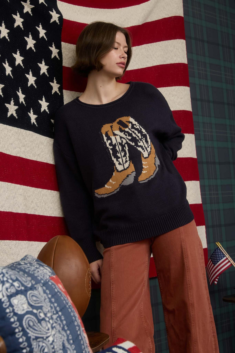 Western Boot Jacquard Long Sleeve Knit Sweater in Navy