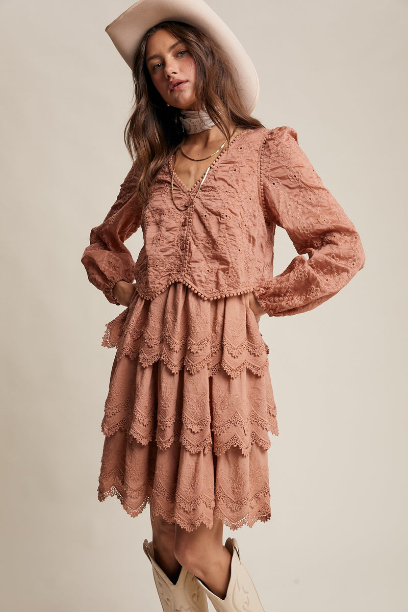 Tiered Scallop Embroidered Mini Dress in Terracotta
