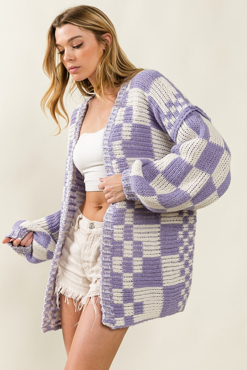 Mixed Check Pattern Loose Fit Chunky Cardigan (Size S-XL)