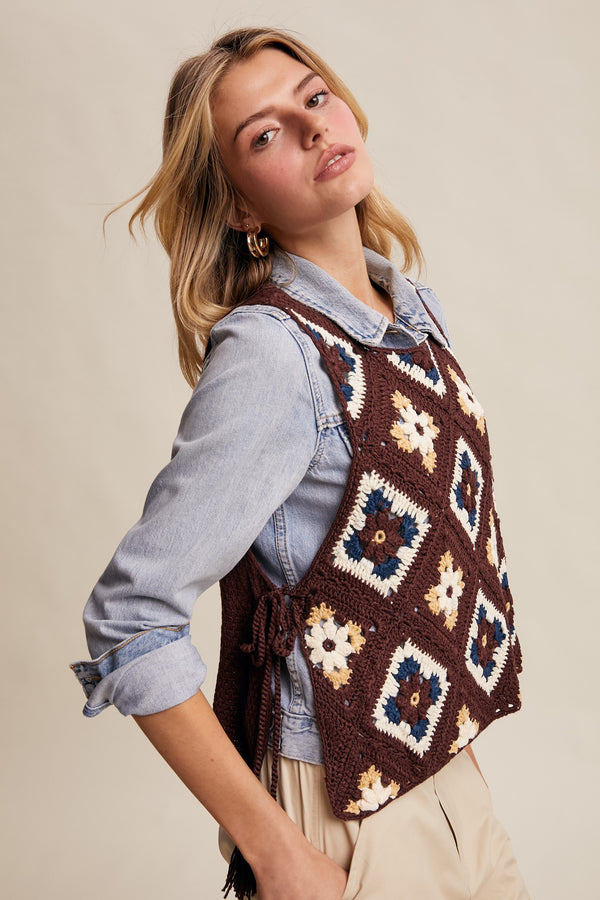 Crochet Granny Square Tassel Tie Vest in Mocha