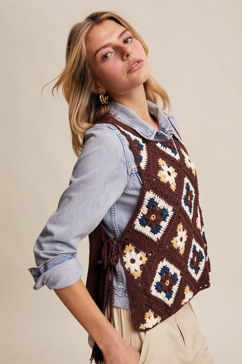 Crochet Granny Square Tassel Tie Vest in Mocha