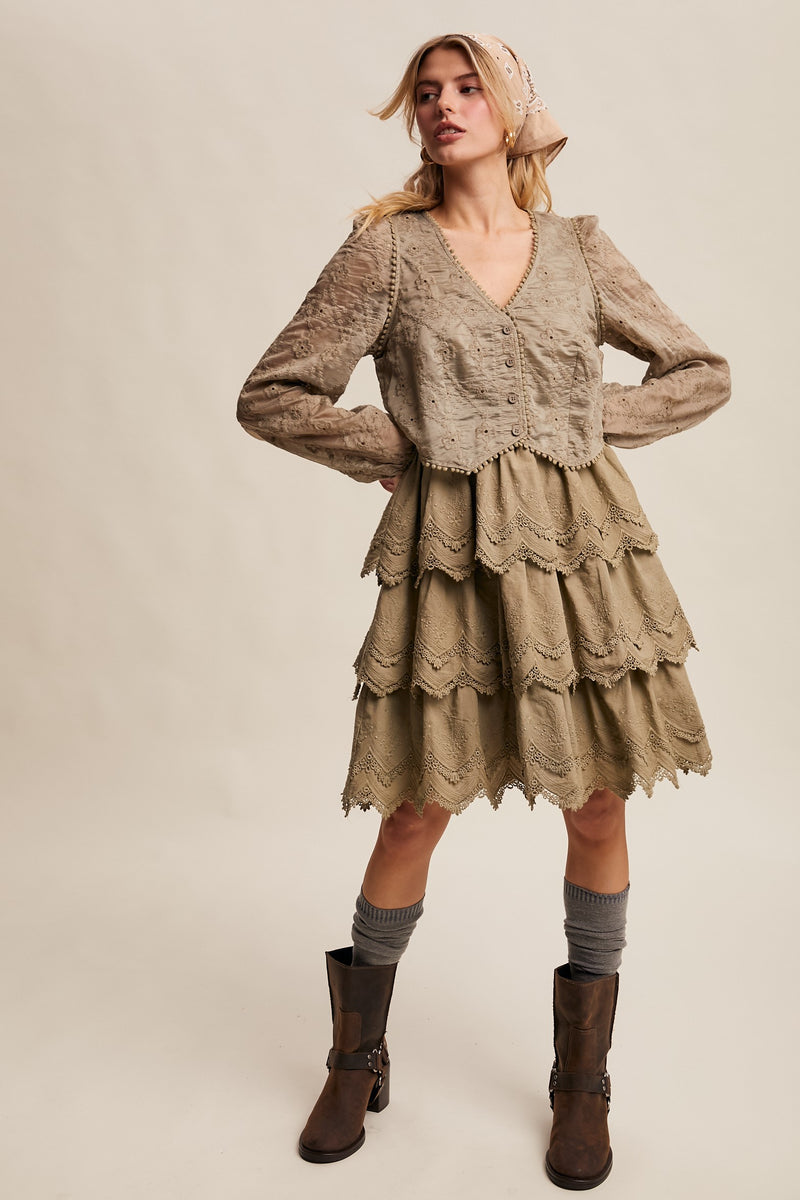 Tiered Scallop Embroidered Mini Dress in Olive