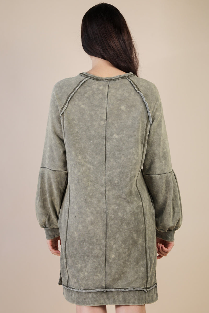 Mineral Washed Raglan Sleeve Casual Mini Dress