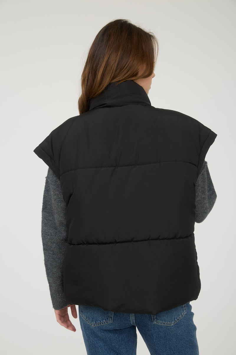 Oversized Snap Button Puffer Vest in Black