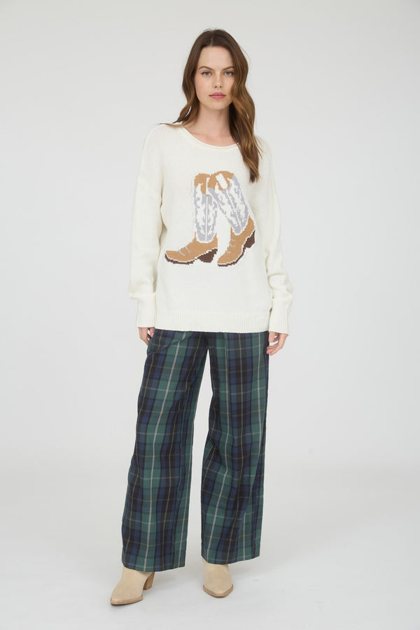 Western Boot Jacquard Long Sleeve Knit Sweater in Ivory